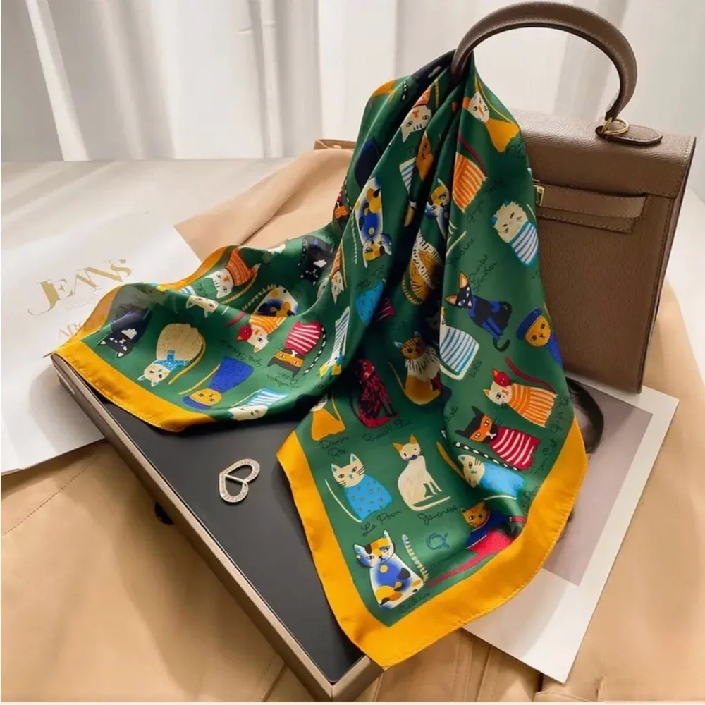 Cat Breeds Cartoon Whimsical Printed Square 27.5” Scarf, Green